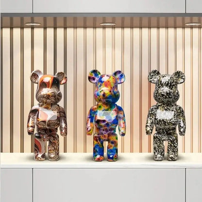 Three colorful glossy bear 27cm figurine with vibrant abstract and black-and-white speckled design decorbites graffiti bear