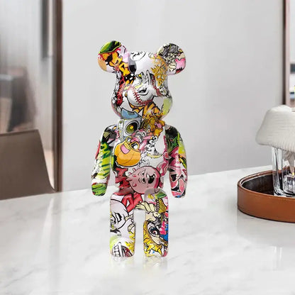 A vibrant glossy vinyl decorbites graffiti bear 27cm figurine with colorful comic graphics used as a living room money jar