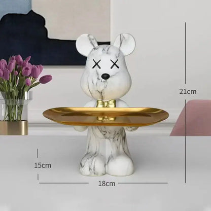 Modern graffiti bear figurine white marble-patterned with gold tray and bow tie for living room decorbites bear figurine