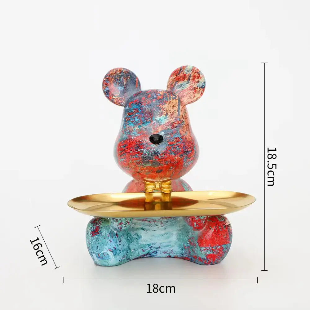 Colorful modern graffiti bear figurine with gold tray on its back for living room decor by decorbites graffiti bear