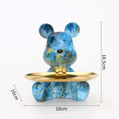 Blue marbled bear figurine with gold accents holding a golden tray modern graffiti bear figurine for living room decorbites decor