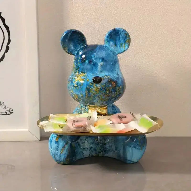 Modern graffiti bear figurine in blue with gold accents and a glossy marbled finish as a decorbites graffiti bear tray