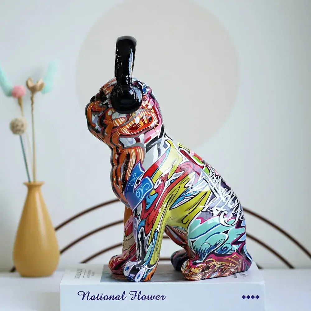 Vibrant graffiti-style ceramic bulldog sculpture wearing black headphones colorful bulldog sculptures for decorbites living room decor