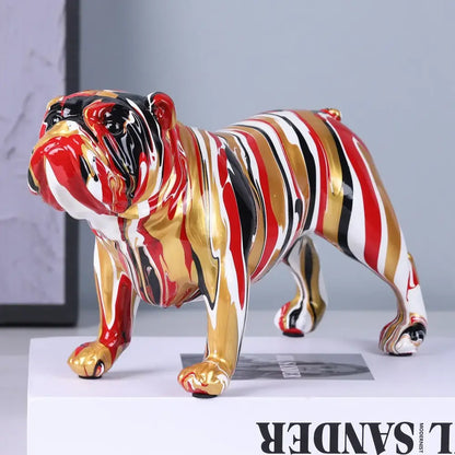 Glossy abstractly painted decorbites bulldog figurines with bold red gold black and white stripes for living room decor