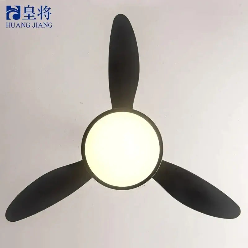 Black three-blade ceiling fan with integrated circular led light featuring modern design for bedroom use