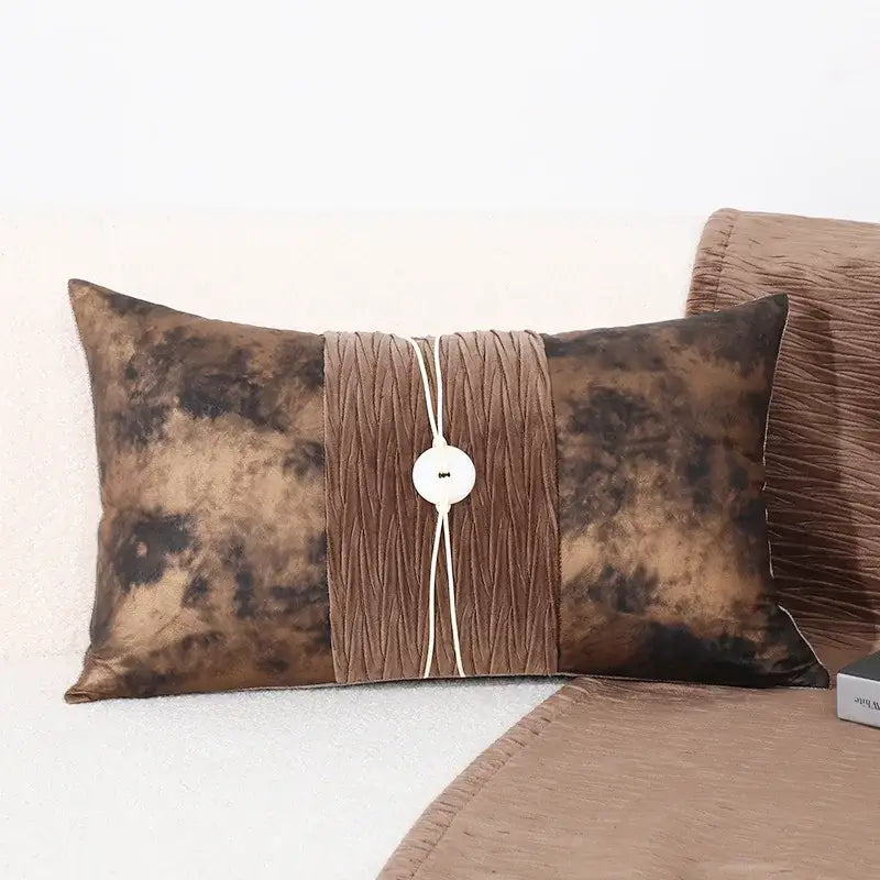 Brown tie-dye velvet rectangular cushion cover with pleated band and button closure for black white sofa decorbites decor
