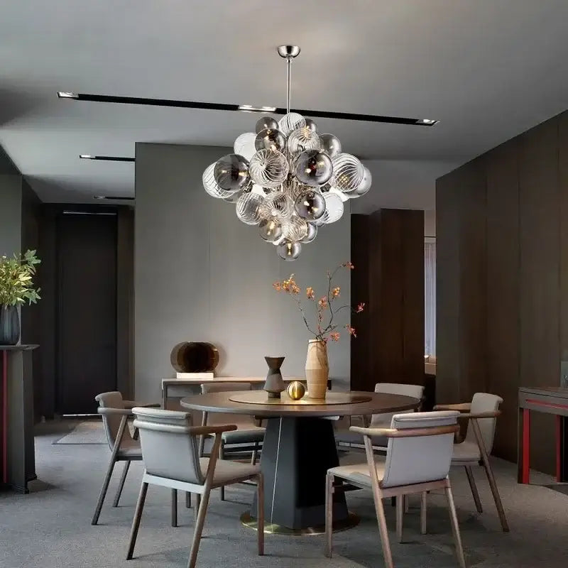 Modern gray and clear decorbites bubble glass ceiling chandelier with reflective bubble glass spheres for living room decor