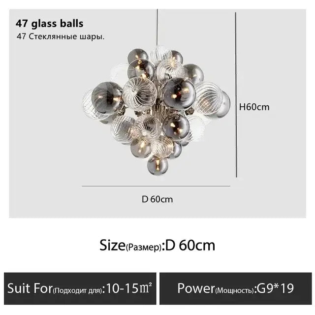 A modern gray and clear bubble glass ceiling chandelier with 47 spherical orbs from decorbites bubble glass decor