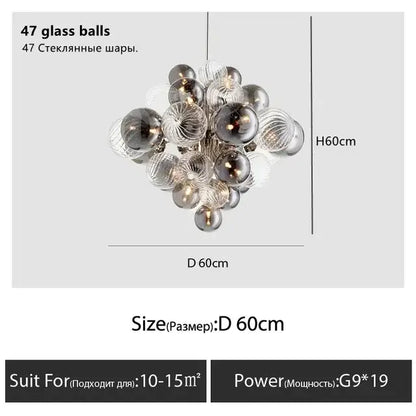 A modern gray and clear bubble glass ceiling chandelier with 47 spherical orbs from decorbites bubble glass decor