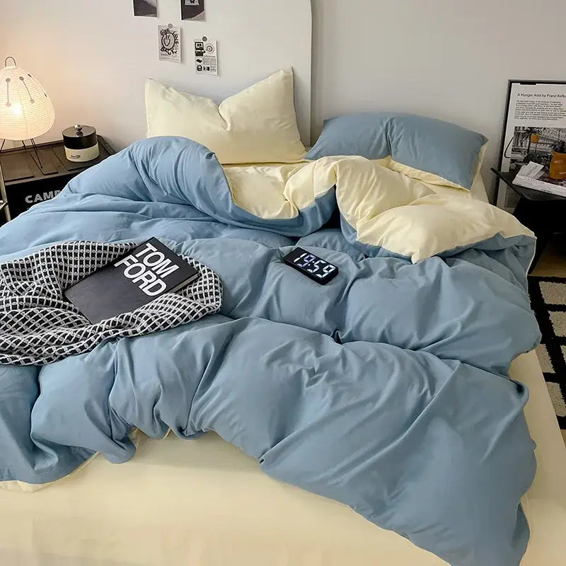 Modern gray comforter cover set with blue and cream two-tone quilted comforter cover for bedroom bedding