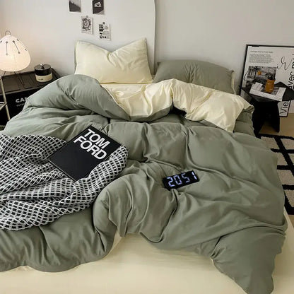 Modern gray comforter cover set featuring olive green satin cover set with cream pillowcases and checkered throw blanket