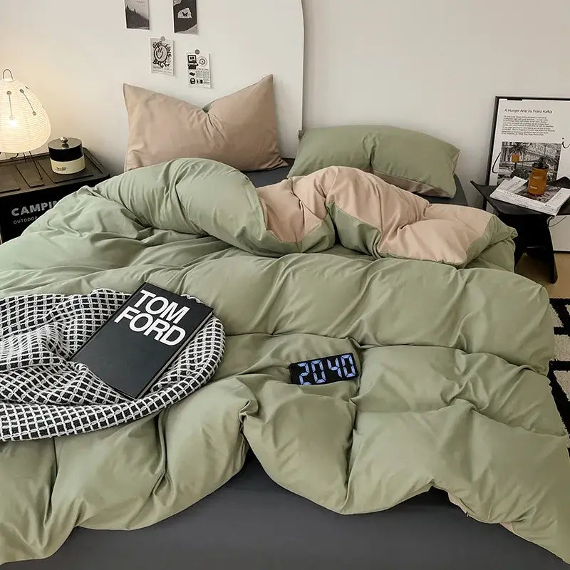 Modern gray comforter cover set with olive green and beige two-tone quilted plush cover set for bedroom bedding