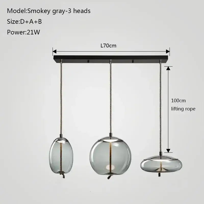Smokey gray glass knot pendant chandelier light with three heads and black ceiling mount for dining room lighting