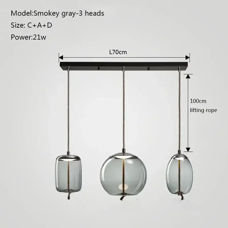 Modern gray glass knot pendant chandelier light with smokey gray glass shades and braided cords for dining room use