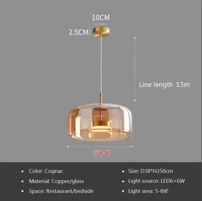 Cognac-colored glass pendant light with copper finish and led lighting featuring plated detailing for kitchen use
