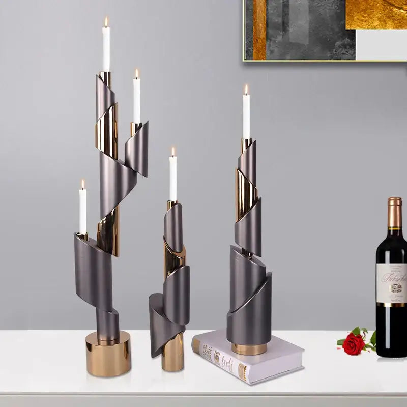 Modern gray and gold helical pipe candle holder with sleek twisted design for dining room decorbites geometric decor