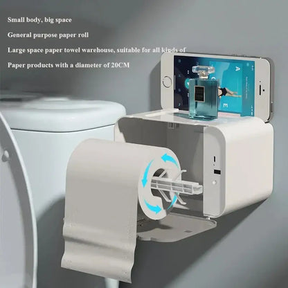 Modern gray induction toilet paper holder with white plastic wall-mounted paper holder and integrated phone shelf