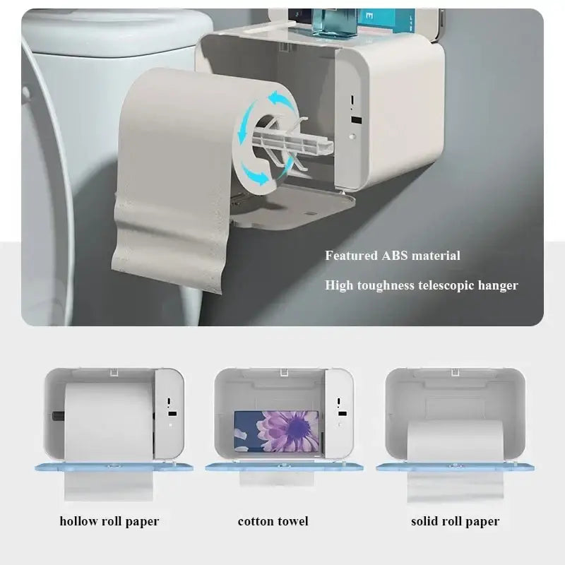 White abs plastic toilet paper holder with telescopic hanger and integrated slot for various roll types bathroom use