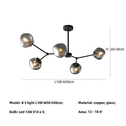 Modern black copper chandelier with five spherical smoked gray lava glass shades for dining room lighting