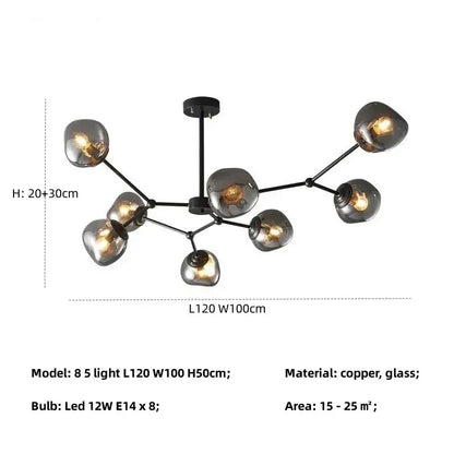 Modern gray lava glass chandelier with eight-light black copper frame and smoked globe shades for dining room lighting