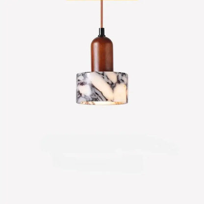 Modern gray marble natural stone pendant light with warm brown wood and copper-toned cord pendant installation