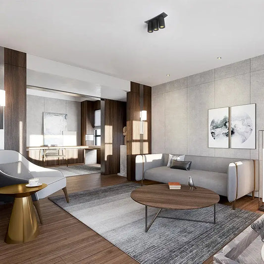 Modern gray minimalist sofa with wooden legs and sleek design under decorbites led ceiling light for living room