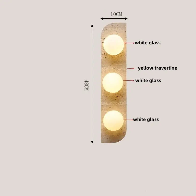 Modern gray stone double led wall lamp with three white glass spheres on yellow travertine for bedroom sconce