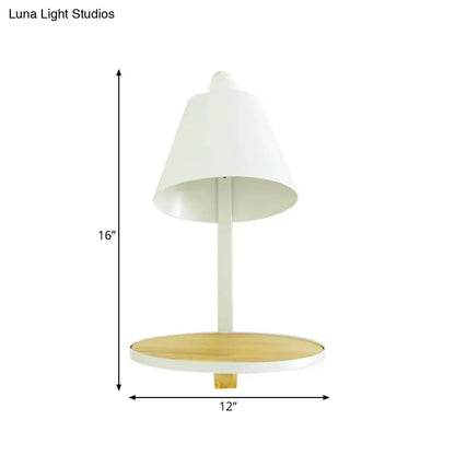 Modern white gray tapered wall sconce with bell-shaped lamp, wooden base, and slender metal stem for bedroom lighting
