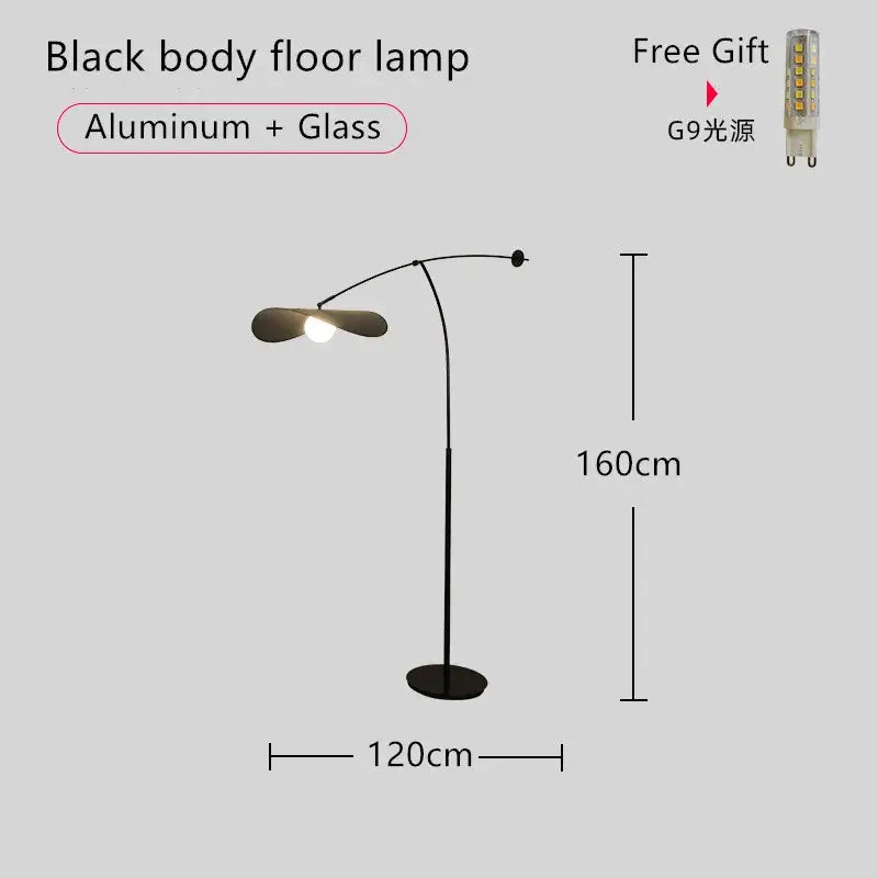 Black floor lamp with sleek aluminum and glass construction and curved arm complements decorbites adjustable led pendant chandelier