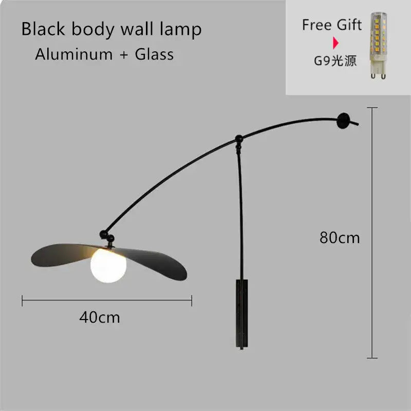 Modern gray and wood adjustable led pendant chandelier with black aluminum wall lamp featuring a sleek curved arm and glass shade