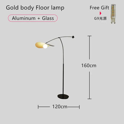 Gold body floor lamp with aluminum glass design and curved arm complements decorbites adjustable led pendant chandelier
