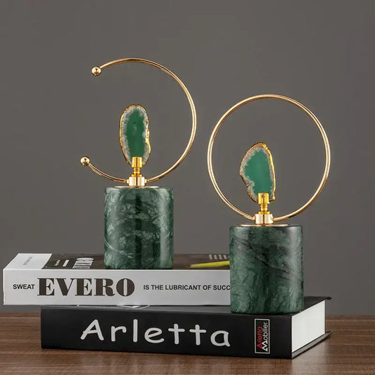 Modern green and gold agate crafts marble base featuring a green marble base with gold-toned ring and agate slice accent