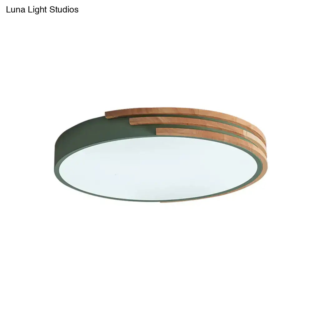 Modern decorbites™ nordic style round flush mount ceiling light with matte green metal frame and layered wood accents