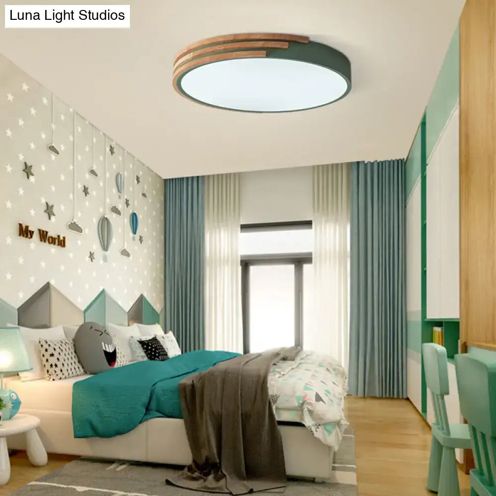 Decorbites nordic style round flush mount ceiling light with wood and dark green acrylic bands 16 inch width