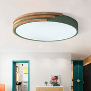 Modern decorbites™ nordic style round flush mount ceiling light with matte green ring and natural wood slats, 16 inch width