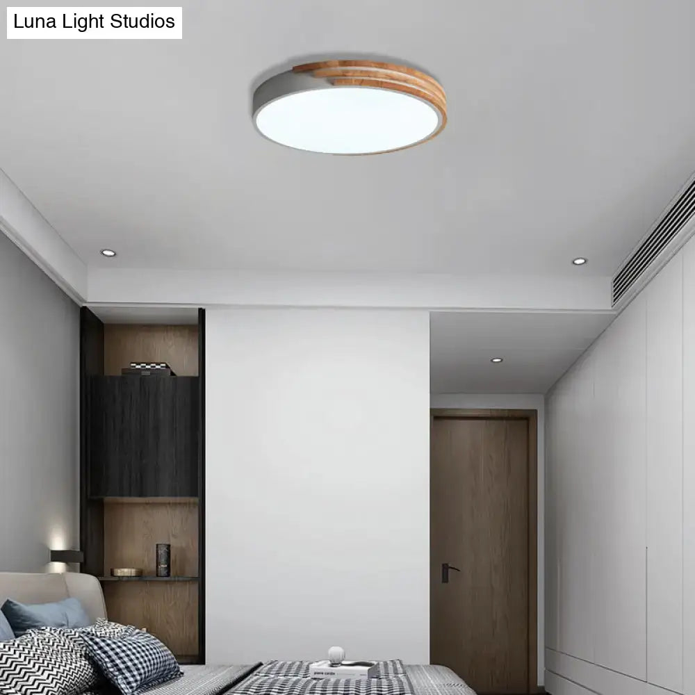 Decorbites nordic style round flush mount ceiling light with white acrylic center and wooden ring accent gray green