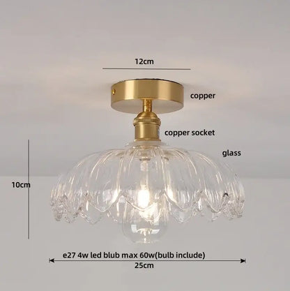 Modern green glass leaf flush mounted ceiling light with clear glass pendant and copper finished mounting base