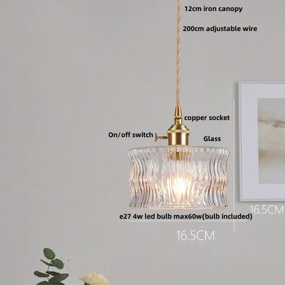Modern green glass walnut wood pendant light with clear wavy glass and brass-finished copper socket for dining room