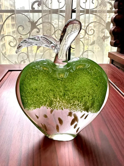 Modern green gold crystal glass apple paperweight with translucent bubbles and clear stem for office decorbites crystal glass decor