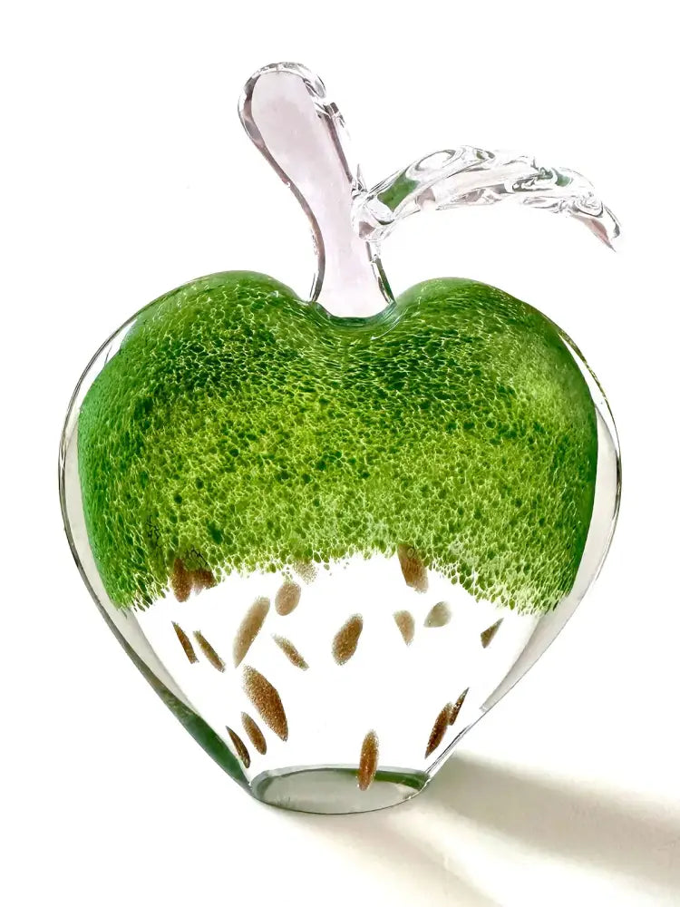 Modern green gold crystal glass apple paperweight decorbites crystal glass office decor with clear stem and brown inclusions