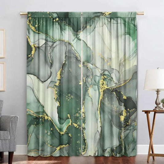 Modern green and gold marble rod pocket sheer curtains featuring elegant decorbites green marble design for living room decor