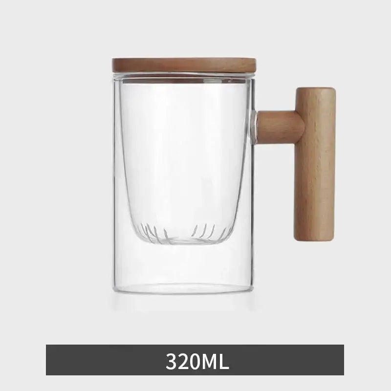 Modern green and gray decorbites glass tea cup with wood handle double-walled glass mug and internal infuser