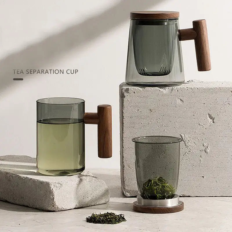 Modern green and gray decorbites glass tea cup with wood handle and mesh filter for steeping loose leaf tea