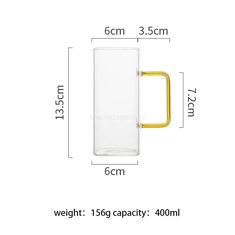 Clear glass square glass mug with a gold handle designed for modern kitchen drinking use