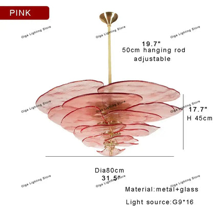 Modern green leaf glass chandelier featuring pink layered glass petals with a brass finish for dining room lighting