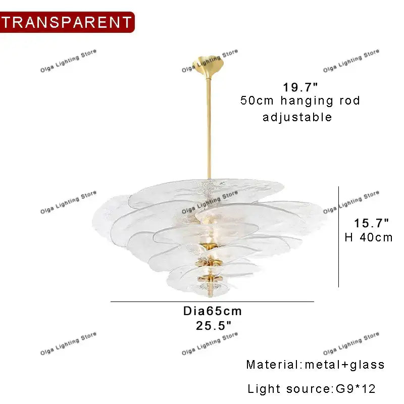 Modern green leaf glass chandelier with transparent glass petals and gold-toned metal for dining room lighting