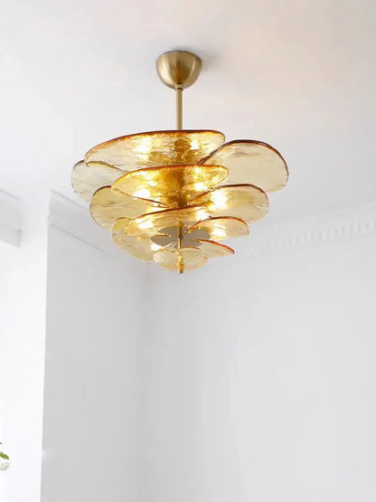 Modern green leaf glass chandelier with golden petal shades and brass finish for dining room leaf glass ceiling lighting