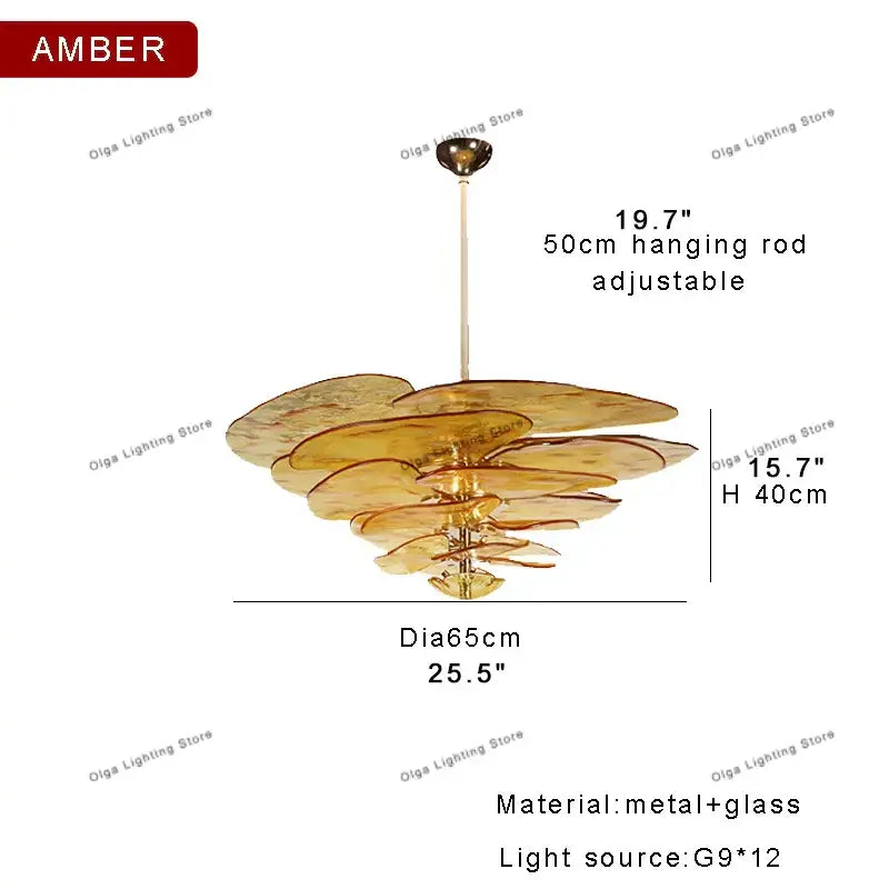Modern green leaf glass chandelier with amber layered petals and metallic frame for dining room leaf glass ceiling use