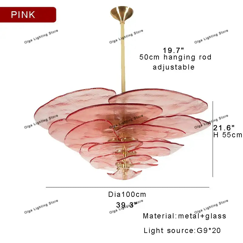 Modern green leaf glass chandelier with pink layered glass petals and brass finish for dining room lighting