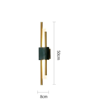 Modern minimalist wall lamp with two slender gold rods intersecting a dark green marble accent for decorbites light luxury